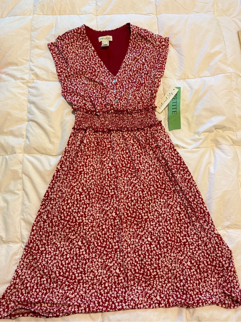 Size 6 Petite Red Floral Smocked Waist Midi Dress Kate & Lily Lightweight July 4
